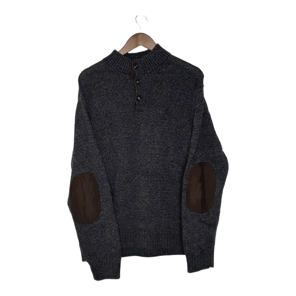 Chaps Mens XL Elbow Patch Mock Neck Henley Pullover Sweater Dark Gray